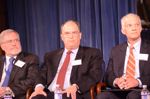 From left to right, former USITC Assistant General Counsel Paul Bardos, F. David Foster of Foster, Murphy, Altman, and Nickel, and former USITC Chairman and Commissioner Dan Pearson participating in the 'Institutional Evolution of the Commission' panel. Shown with Chairman Irving Williamson.